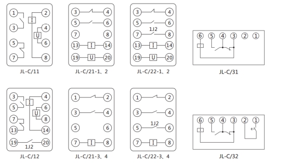 JL-C/21反時限電流繼電器內(nèi)部接線及外引接線圖（正視圖）