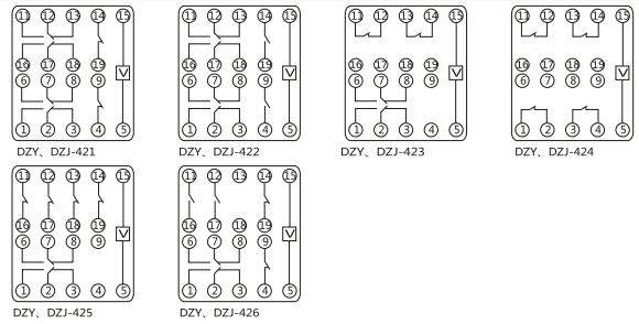 DZY（J)-414導(dǎo)軌式中間繼電器內(nèi)部端子外引接線圖(正視)